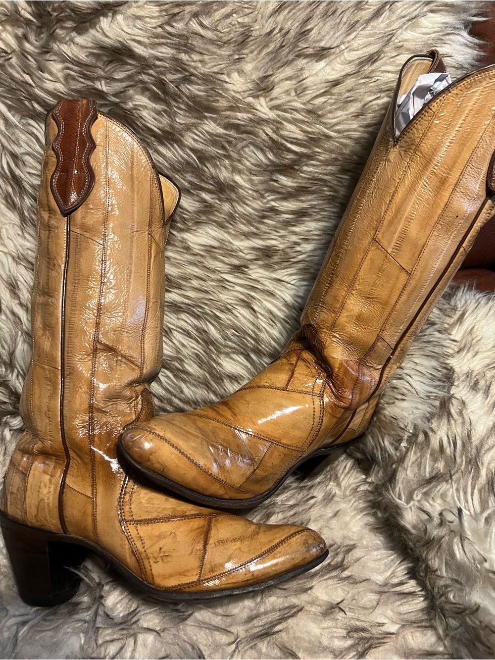 Justin Boots Tan FULL EEL Western Knee-High Heeled Boots Sz 7.5 B